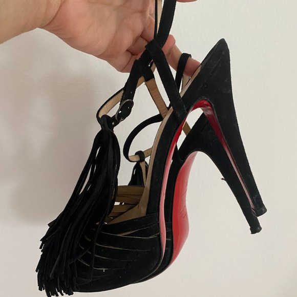 Vintage Christian Louboutin black suede platform fringe high heels - Picture 3 of 9